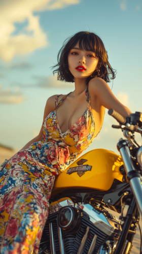 Japanese woman with bob haircut on Harley-Davidson