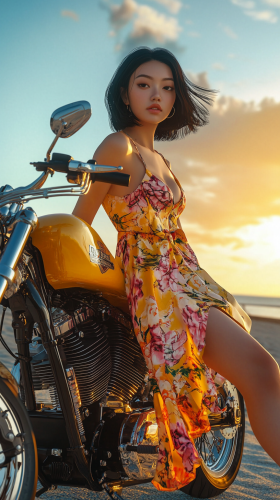 Japanese woman with bob haircut poses near yellow Harley-Davidson