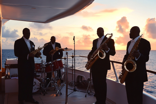 Jazz band on yacht with guests, ocean sunset glow.