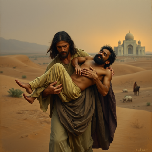 Jesus Carrying Injured Man in Desert Oasis