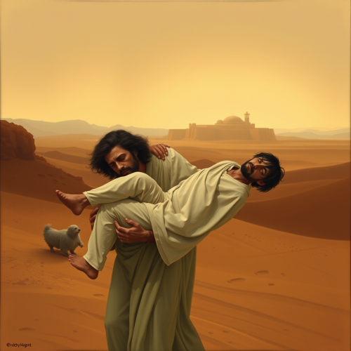 Jesus Carrying Injured Man in a Desert Oasis