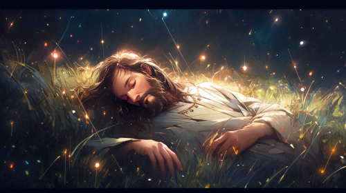 Jesus sleeping on grass field under stars.