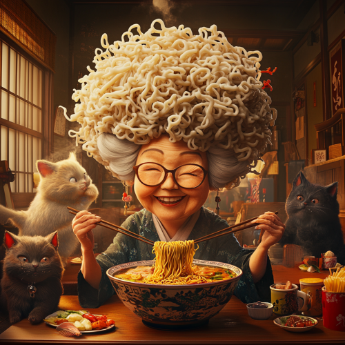 Joyful Japanese Lady with Noodle Hair Enjoying Ramen