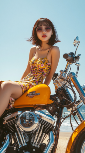 Joyful Japanese woman on Harley by beach