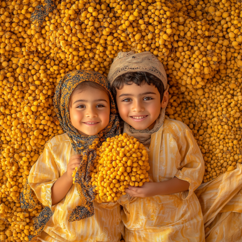 Joyful Omani children surrounded by ripe dates.