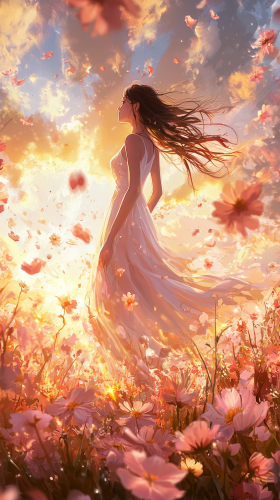 Joyful Woman in Flower Field under Sunlight