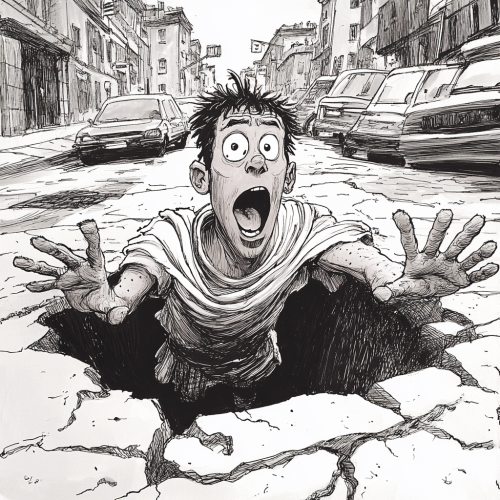 Julius Caesar in toga, stuck in pothole