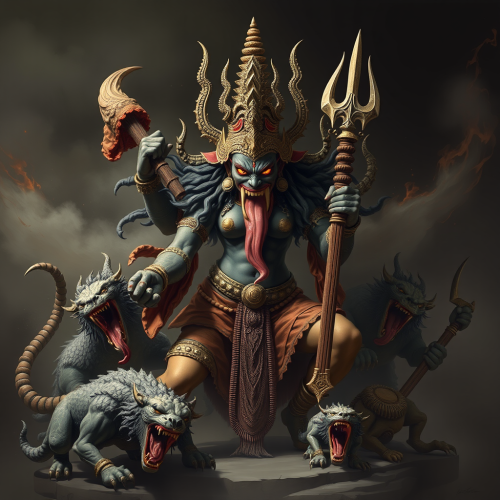 Kali-Ma Holding Weapons Among Mythical Beasts