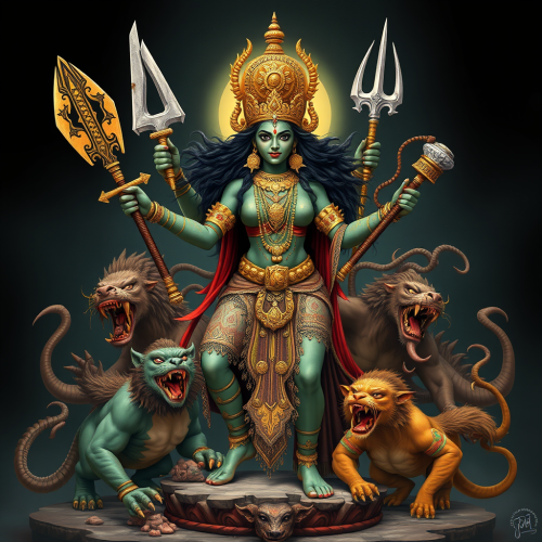Kali-Ma with Weapons Among Indian Mythical Beasts