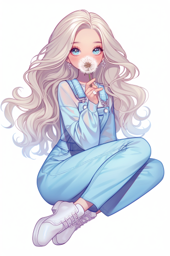 Kawaii girl blowing dandelion in silver outfit