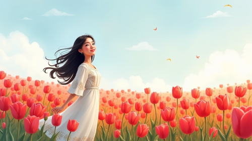 Kazakh Woman in Tulip Field: Cartoon Watercolor