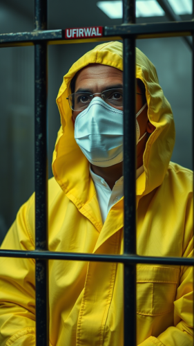 Kejriwal in a hazmat suit in jail cell.
