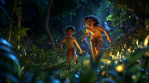 Kids in jungle pause argument, play Hide-and-Seek excitedly.