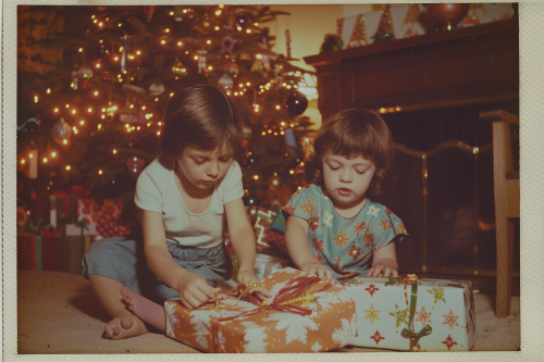 Kids opening Christmas gifts in cozy 1960s room