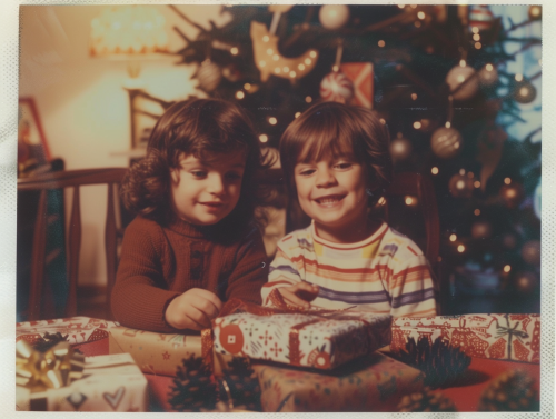 Polaroid Photo of Kids opening Christmas gifts in warmly lit room
