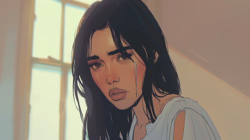 Kim Kardashian anime character recreated in sad pose.