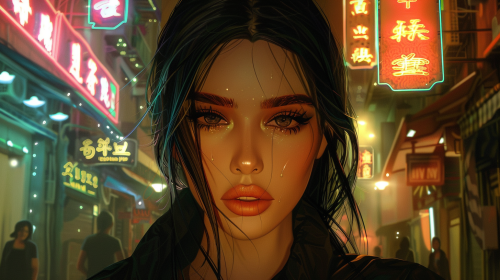 Kim Kardashian depicted as anime character with city backdrop.