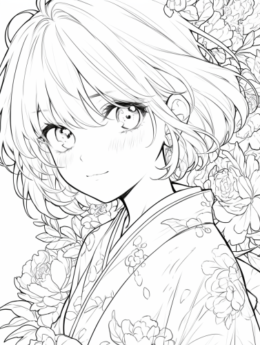 Kimono girl in a coloring book smiling widely.