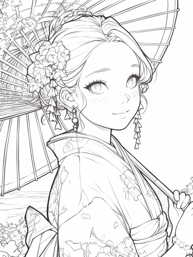 Kimono girl smiling while flying paper kite by sea.