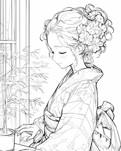 Kimono girl with a smile in coloring book style.