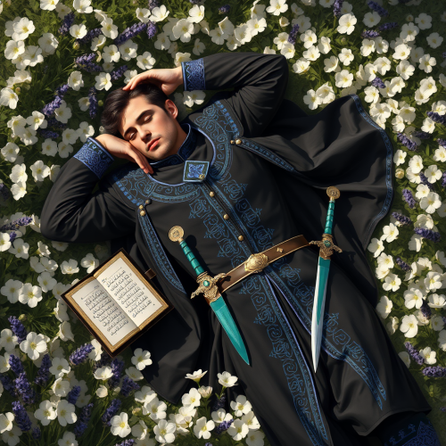 Knight in Ottoman Attire Resting in Flowery Bed