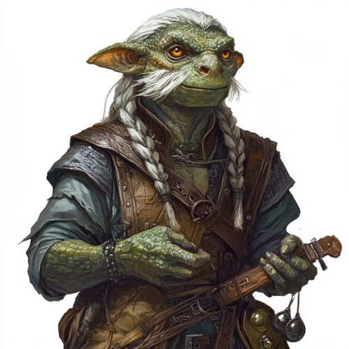 Kobold bard Rufus with green skin, gold eyes, beard.