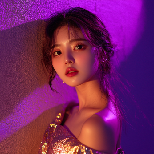 Korean girl, 19, serious look, in gold dress.