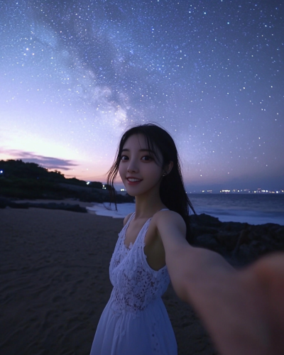 Korean woman in white dress under starry night sky.