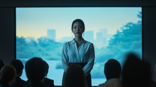 Korean woman presenting to group with modern lighting.