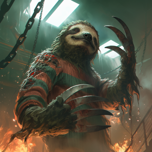 Krueger Sloth: Terrifying Freddy-inspired character in shadowy setting