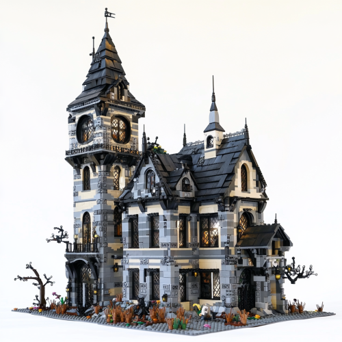 LEGO Victorian school buildings with creepy, Halloween vibes tilt.
