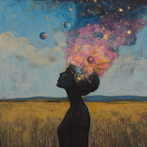 Lady in field with stars and colorful smoke galaxy