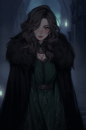 Lady of Winterfell in green dress at night.