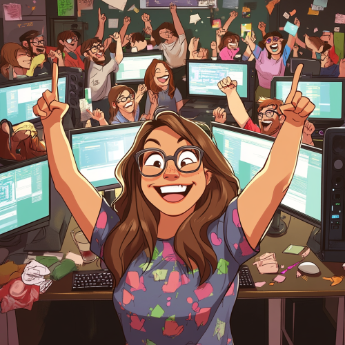 Large IT team celebrates successful release with project lead.