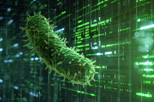 Large Legionella bacteria in focus, matrix-style computer dashboard background.