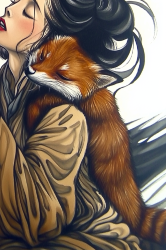 Large black stroke of ink with raccoon and fox.