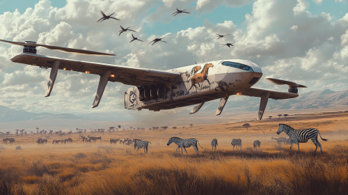 Large cargo drone with camel pattern flies over Africa.