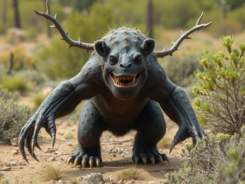 Large creature crouching, skin tight, arms too long