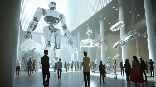 Large floor in modern science museum with Indian people.
