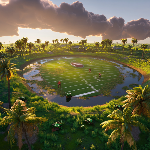 Large football field with swamp and monsters.