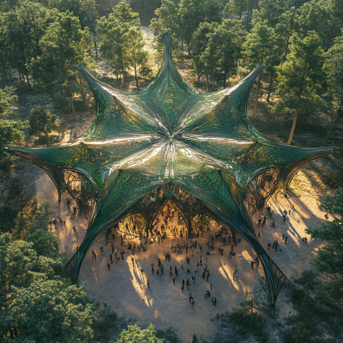 Large futuristic leaf-shaped tent, shades 2000 people at Ozora Festival.