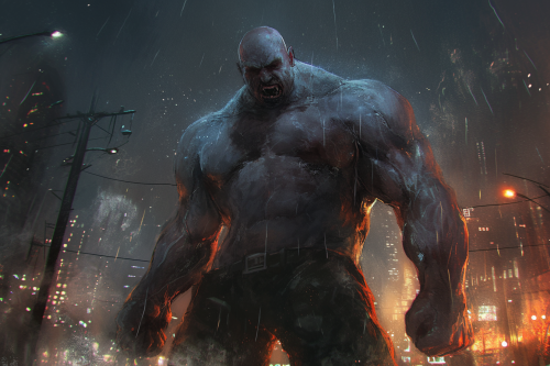 Large grey bald man in foggy town during storm.