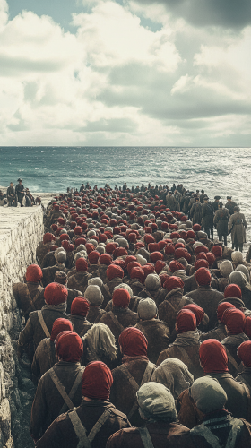 Large group of Ottoman prisoners looking weary on beach. Large group of Ottoman prisoners looking weary on beach.