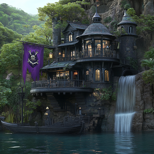 Large ultra HD hyperrealistic pirate house on water.