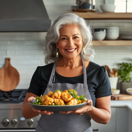 Latin woman showcasing tasty Chicken Escafe dish in kitchen. Latin woman showcasing tasty Chicken Escafe dish in kitchen.