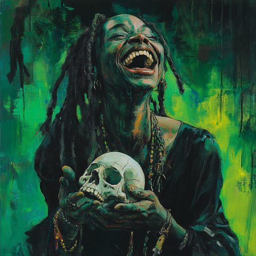 Laughing black voodoo witch in torn dress with skull.