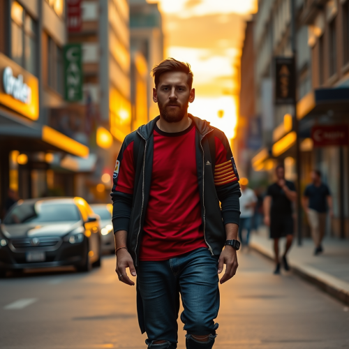 Leo Messi walking in city at sunset.
