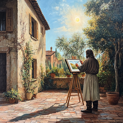 Leonardo Da Vinci painting sunlit courtyard landscape