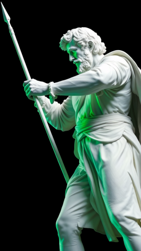 Leonardo da Vinci Statue Aiming Spear in Green Light