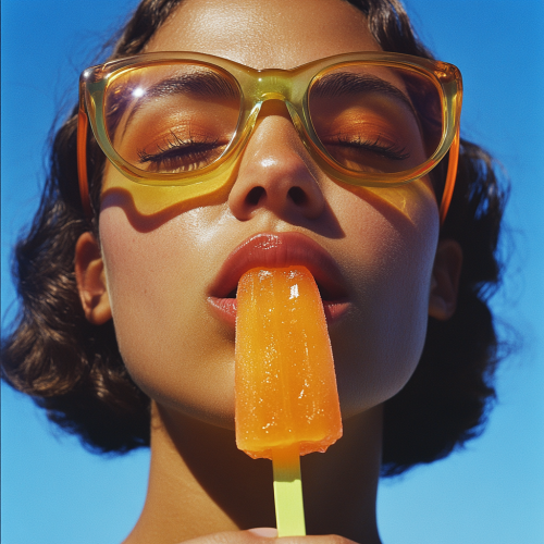 Licking popsicle wearing glasses, woman's face, blue background.